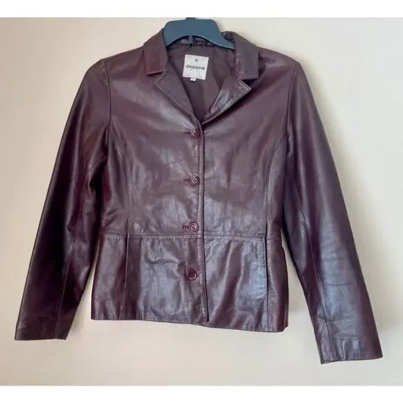 Y2K 90’s CHEVIGNON TRUCKER JACKET BLAZER COW GRAIN LEATHER MAROON SZ L VERSATILE - Picture 3 of 16
